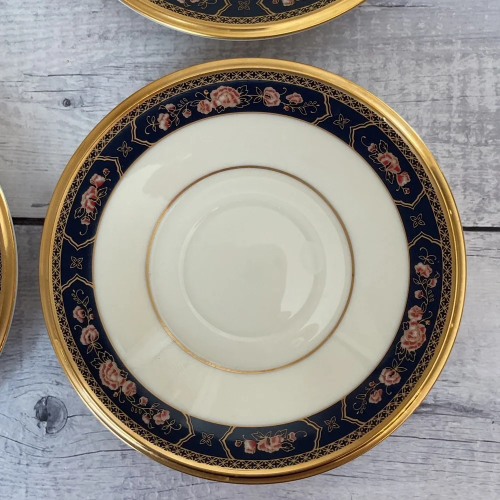 Lenox Royal Peony Saucers Set of 4 Ivory Navy Pink Floral Gold Trim Made in USA